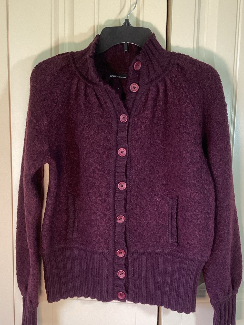 Moda International Women's Wool blend Dark Plum Button Front Cardigan